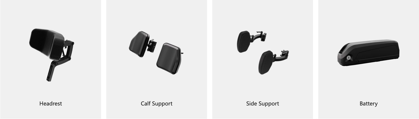 XSTO X12 액세서리 라인업 — 헤드레스트, 종아리 서포트, 사이드 서포트, 여분 배터리